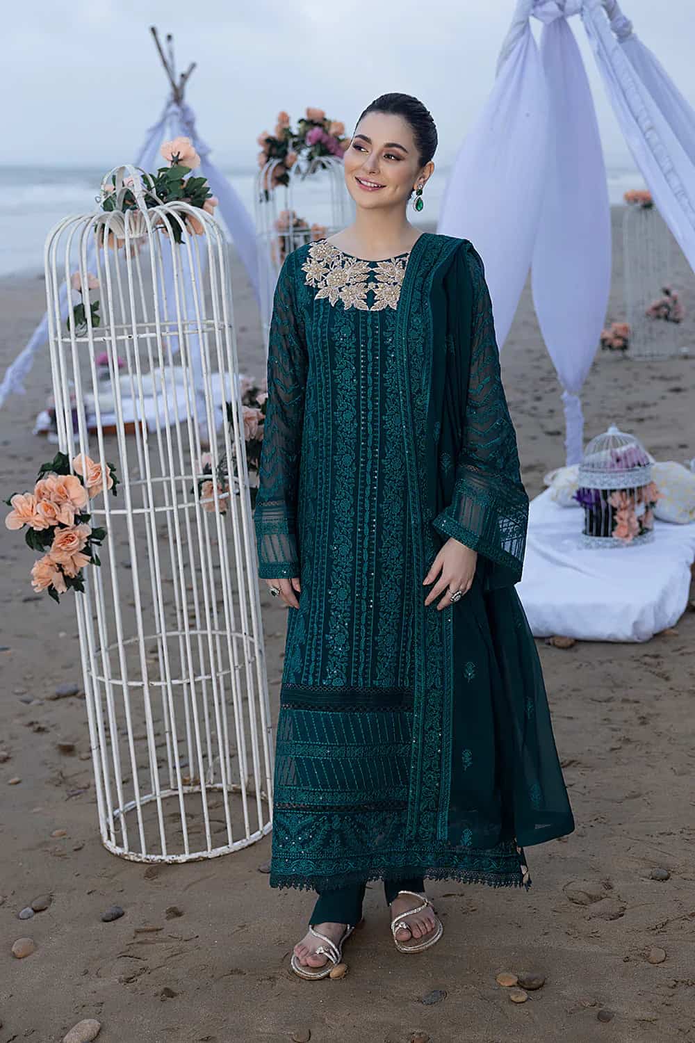 RP1238 AZURE - 3PC Lawn Embroidered Shirt with Chiffon Embroidered Dupatta and Trouser