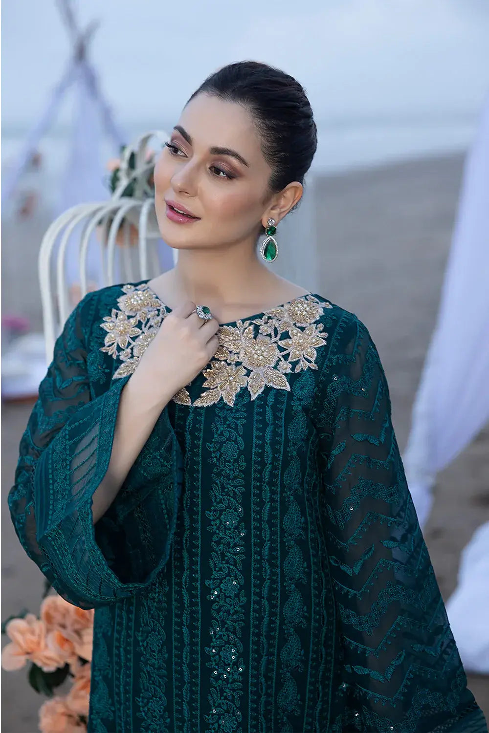 RP1238 AZURE - 3PC Lawn Embroidered Shirt with Chiffon Embroidered Dupatta and Trouser