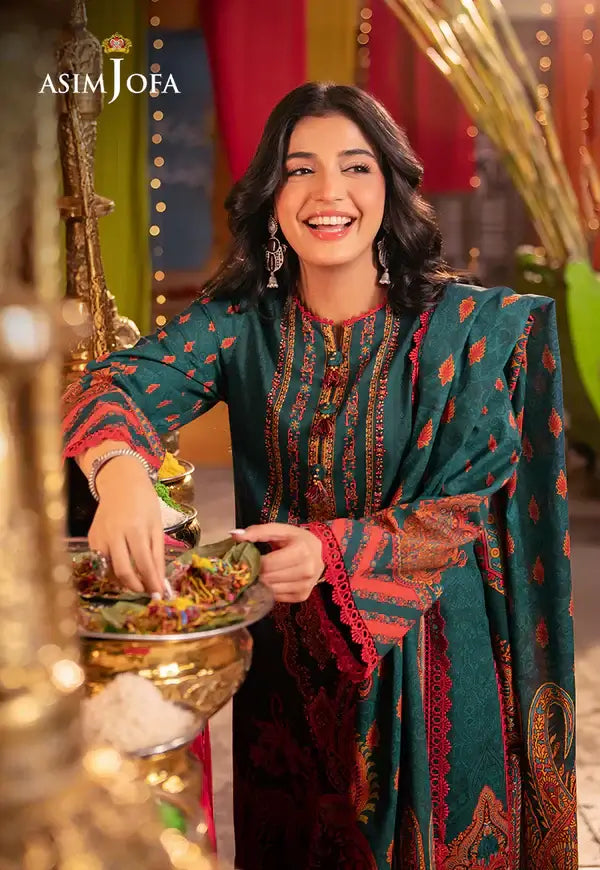 Woman in a traditional outfit with intricate patterns, holding a plate of food, with 'Asim Jofa' branding.