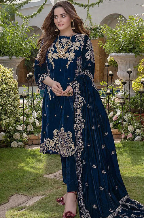 RP2015- Azure Embroidered Velvet 3piece suit