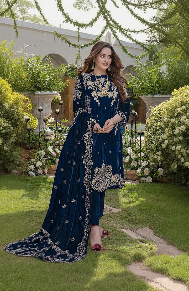RP2015- Azure Embroidered Velvet 3piece suit