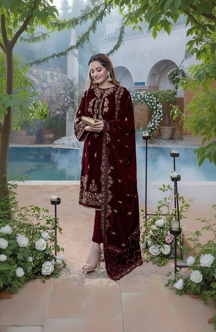 RP2018- Azure Embroidered Velvet 3piece suit