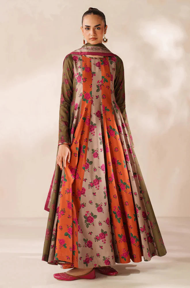 RP3395-Baroque - Winter 3PC Frock Style Karandi Digital Print Dress