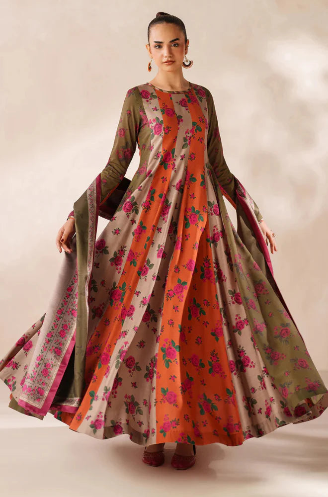 RP3395-Baroque - Winter 3PC Frock Style Karandi Digital Print Dress