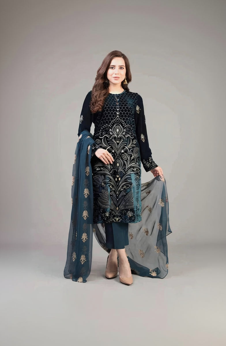 RP213-Bareeze 3PC Lawn Front Full Embroidered Back Bazo Embroidered Bember Dupatta