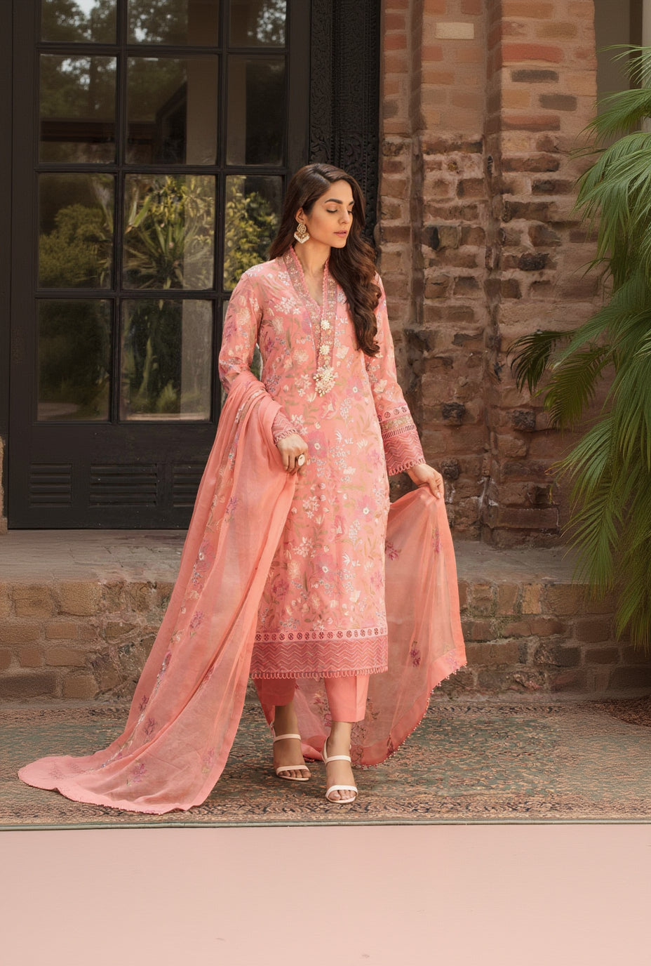 RP246-Bareeze -Embroided 3pc Lawn dress with embroidered chiffon dupatta