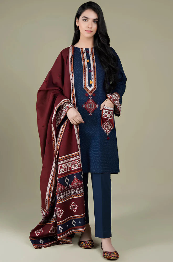 RP522-WINTER 3PC Linen Embroidered suit with Embroidered Shawll