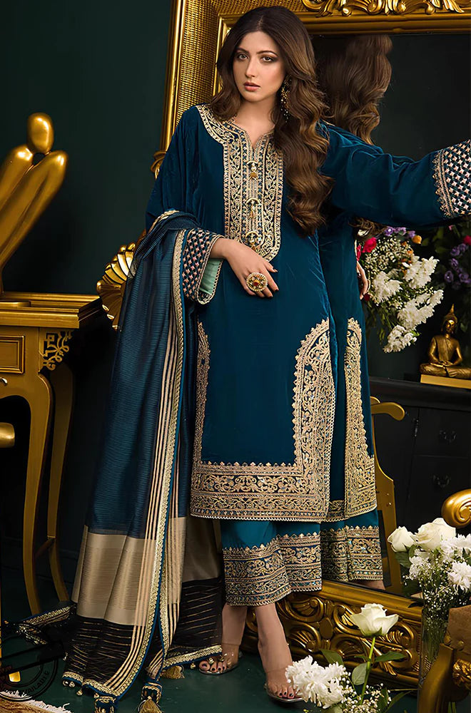 RP524-Heavy Embroidered Velvet Dress with Silk Trouser