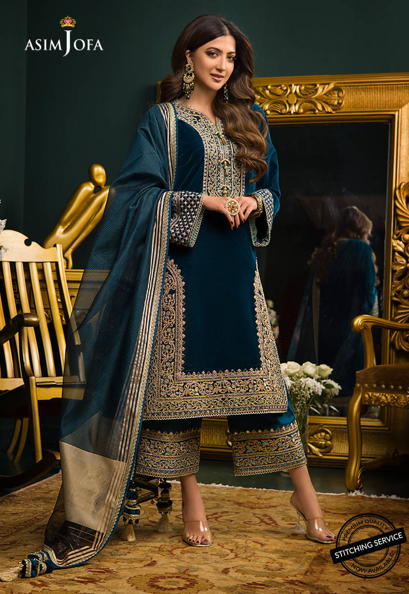 RP524-Heavy Embroidered Velvet Dress with Silk Trouser