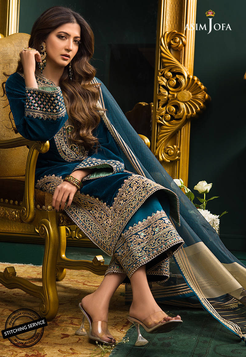 RP524-Heavy Embroidered Velvet Dress with Silk Trouser