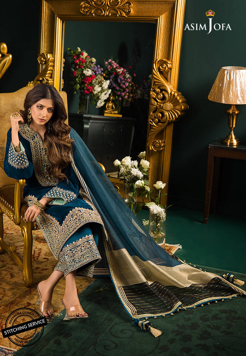 RP524-Heavy Embroidered Velvet Dress with Silk Trouser