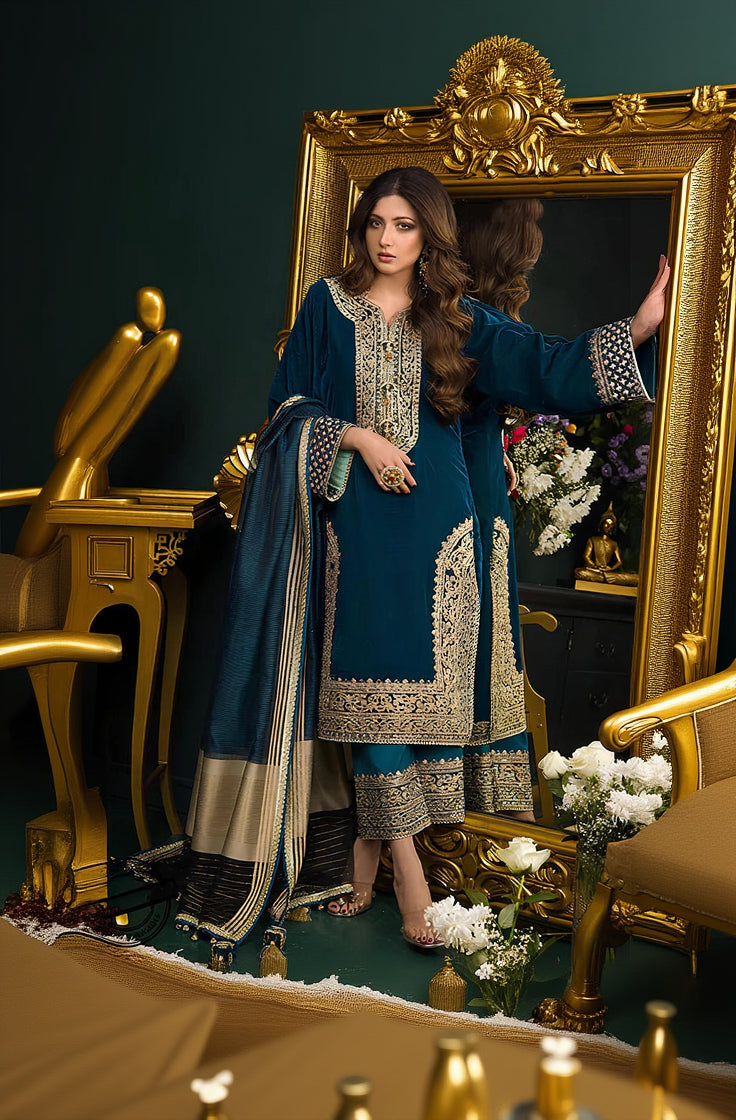 RP524-Heavy Embroidered Velvet Dress with Silk Trouser