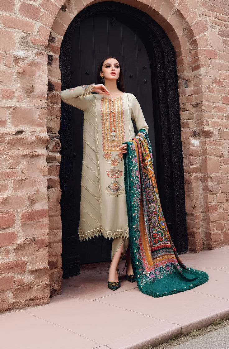 RP539-WINTER 3PC Dhannak Embroidered suit with Printed Shawll
