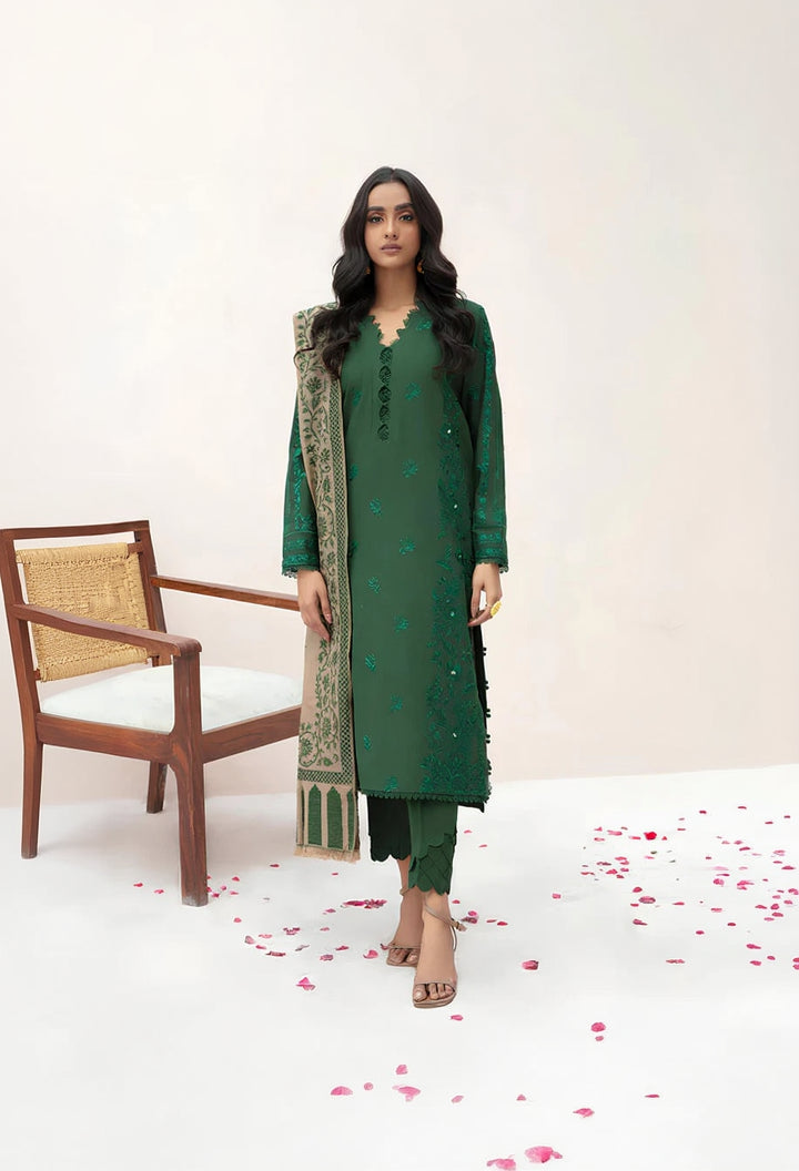 RP553-WINTER 3PC Dhannak Embroidered suit with Printed Shawll