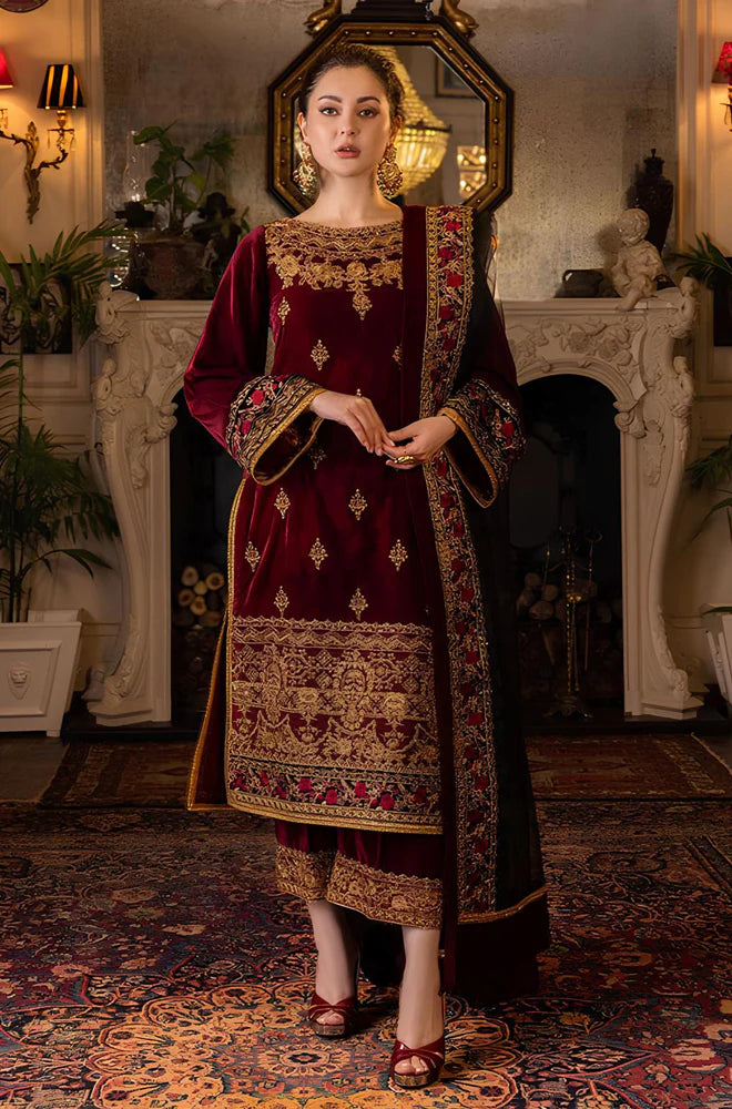 RP556-Velvet Winter Embroidered 3 Piece Dress With Organza embroidered Dopata