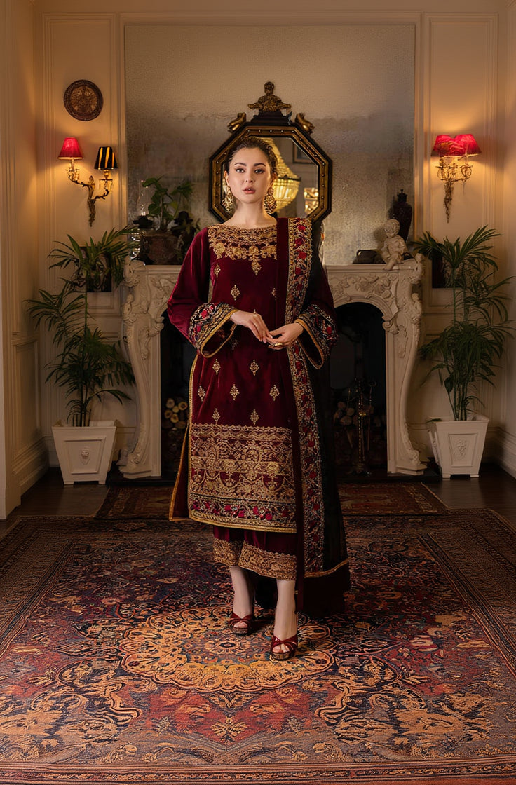 RP556-Velvet Winter Embroidered 3 Piece Dress With Organza embroidered Dopata