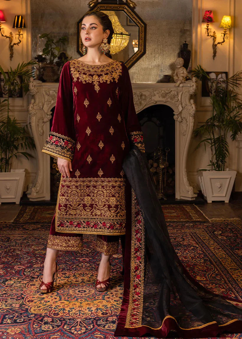 RP556-Velvet Winter Embroidered 3 Piece Dress With Organza embroidered Dopata