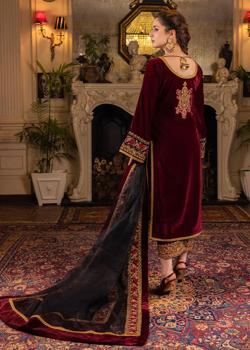 RP556-Velvet Winter Embroidered 3 Piece Dress With Organza embroidered Dopata