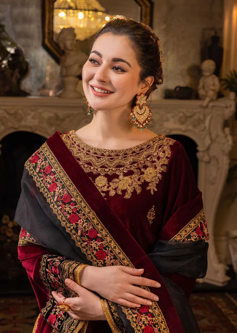 RP556-Velvet Winter Embroidered 3 Piece Dress With Organza embroidered Dopata