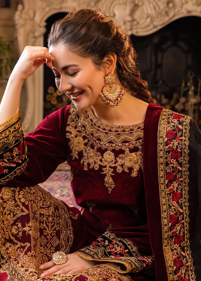 RP556-Velvet Winter Embroidered 3 Piece Dress With Organza embroidered Dopata