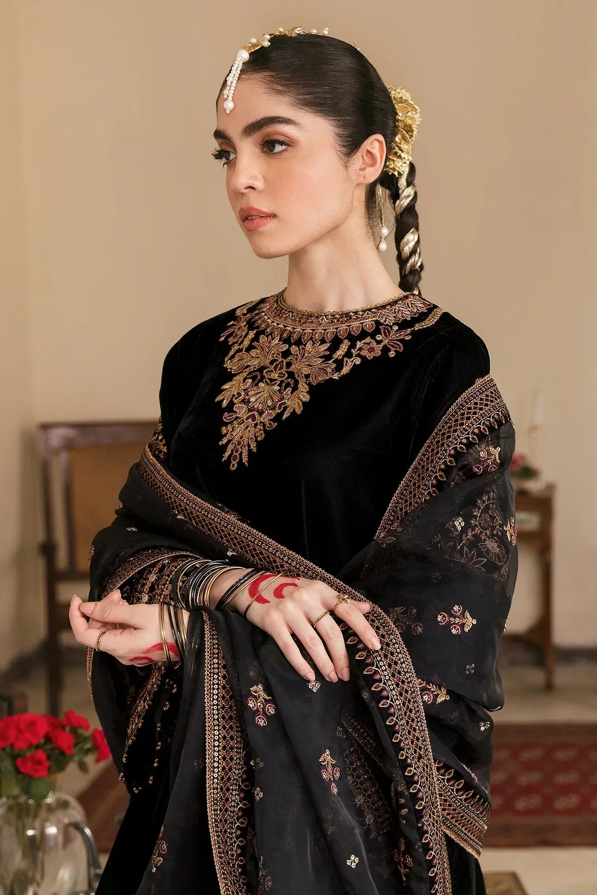 RP563-Embroidered Velvet Dress With Organza embroidered Dopata