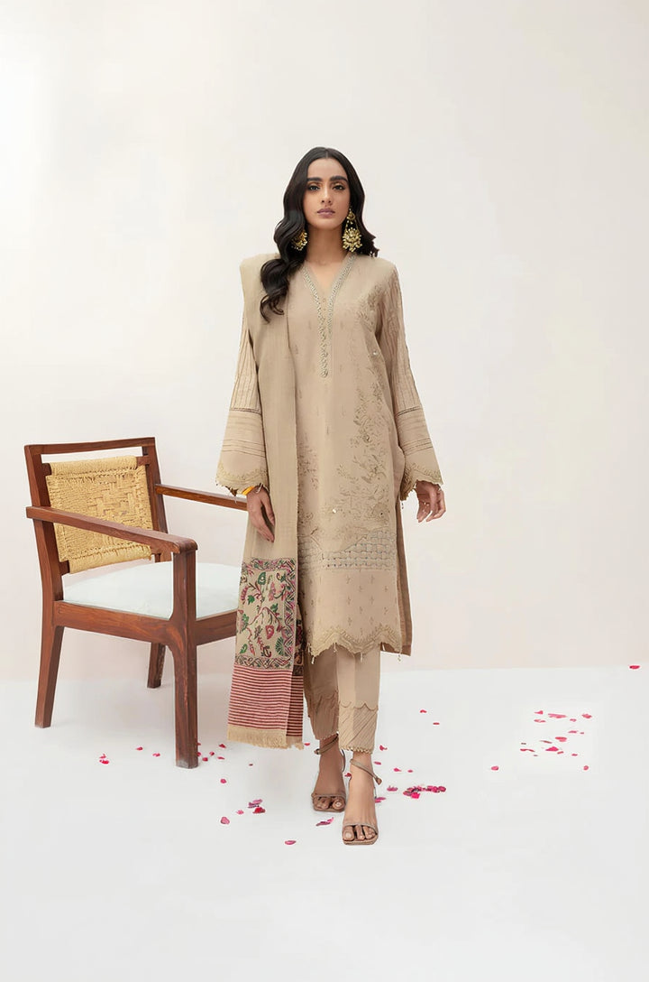 RP574-WINTER 3PC Dhannak Embroidered suit with Printed Shawll