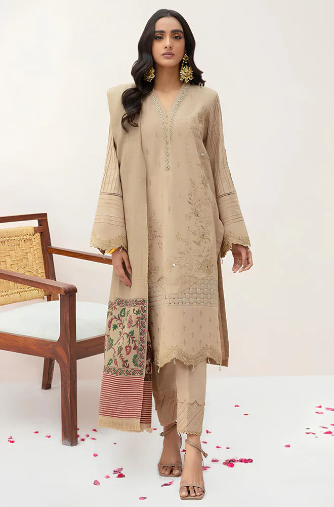 RP574-WINTER 3PC Dhannak Embroidered suit with Printed Shawll