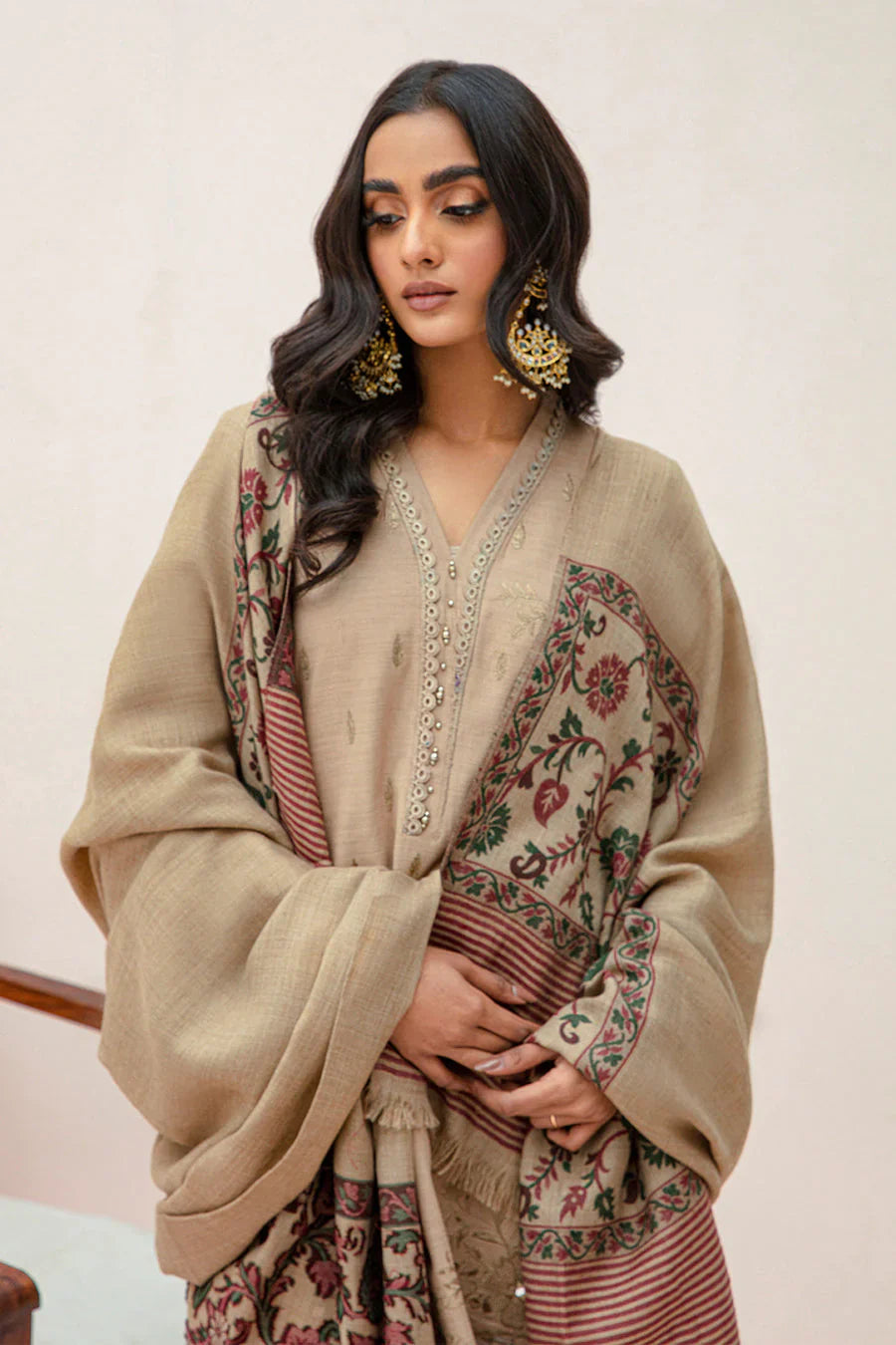 RP574-WINTER 3PC Dhannak Embroidered suit with Printed Shawll