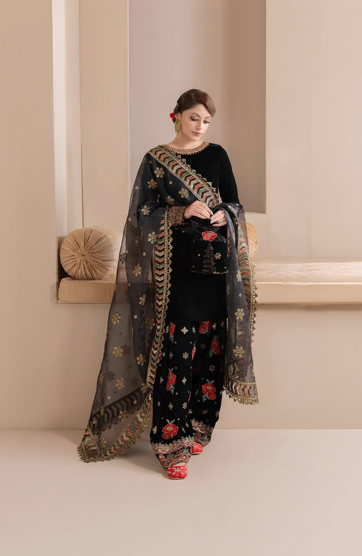 RP577-Embroidered Velvet Dress With Organza embroidered Dopata