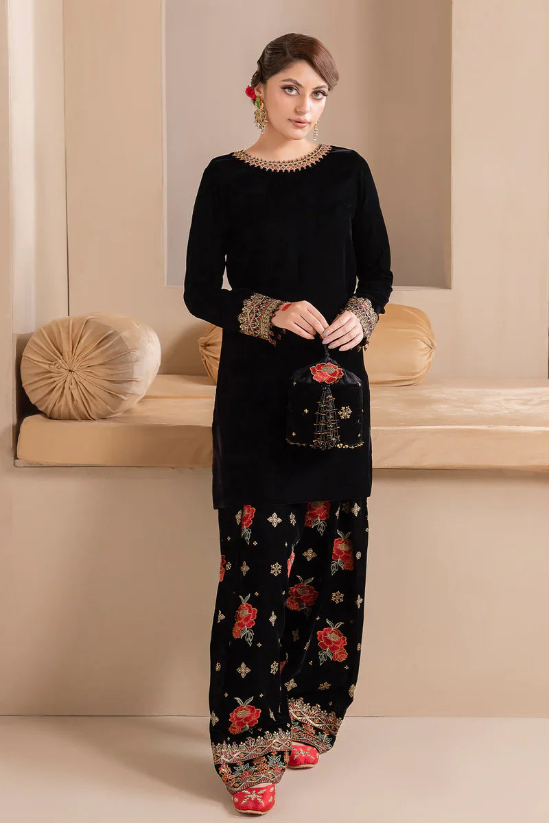 RP577-Embroidered Velvet Dress With Organza embroidered Dopata