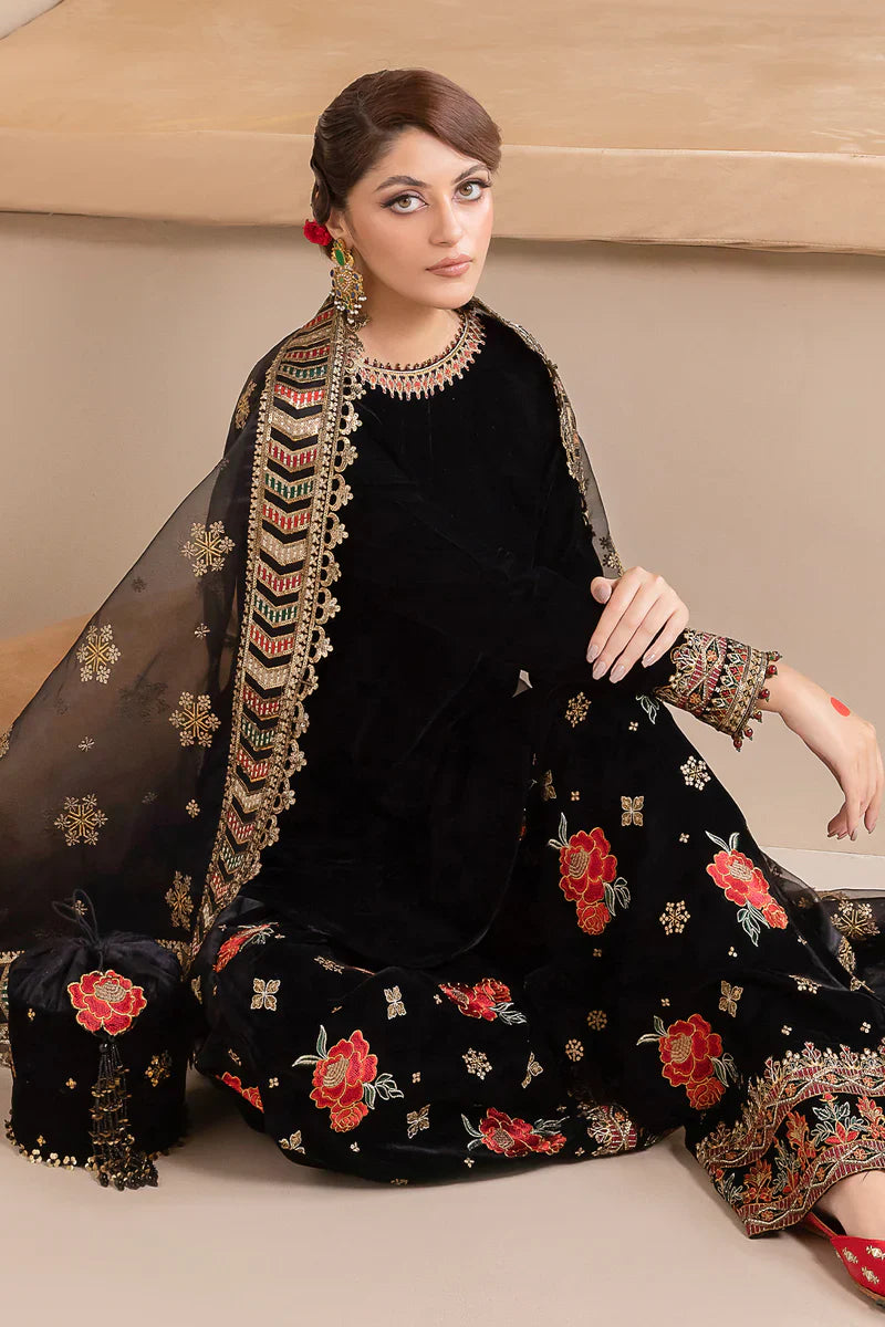 RP577-Embroidered Velvet Dress With Organza embroidered Dopata