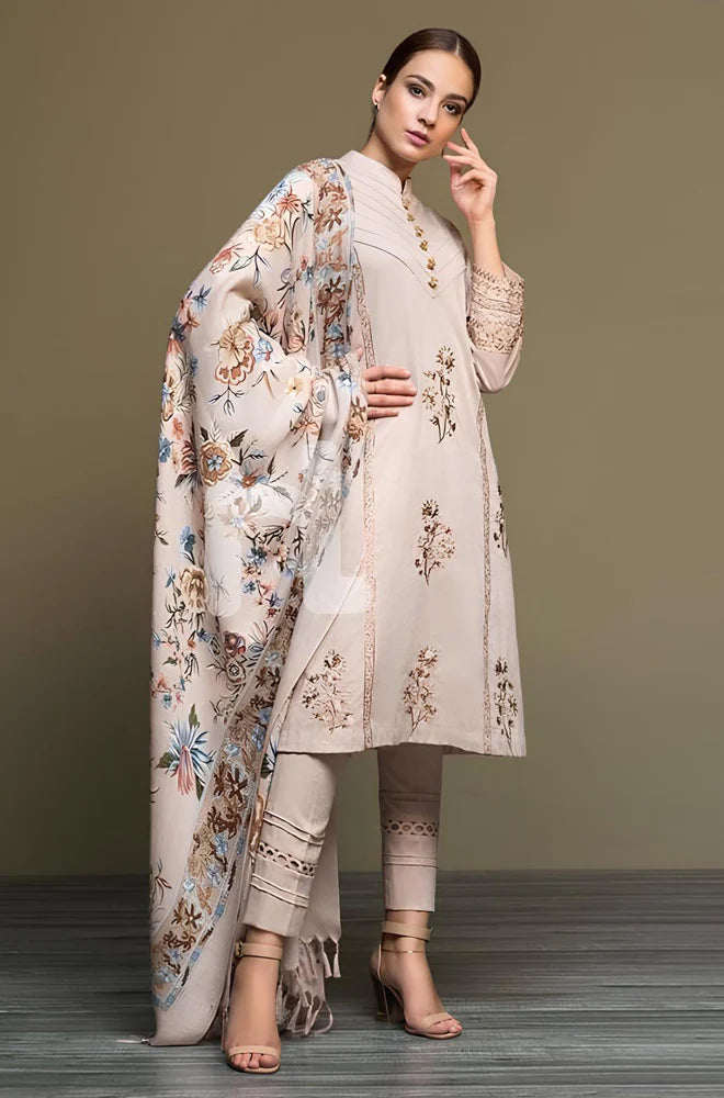 RP589-WINTER 3PC Dhannak Embroidered suit with Printed Shawll