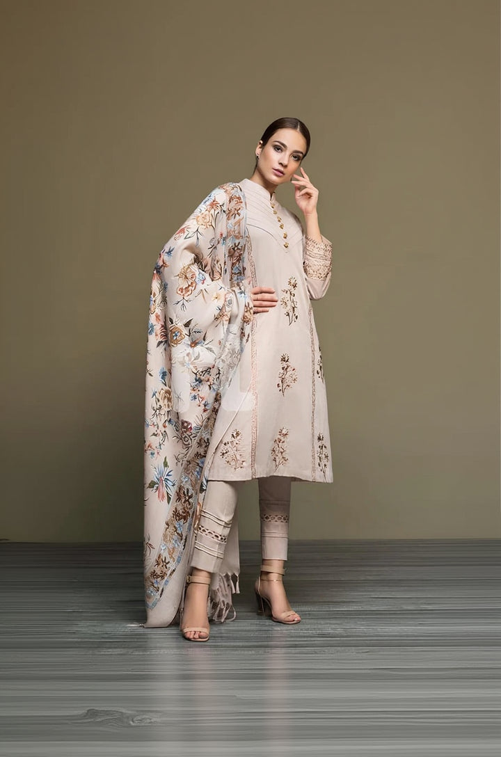 RP589-WINTER 3PC Dhannak Embroidered suit with Printed Shawll