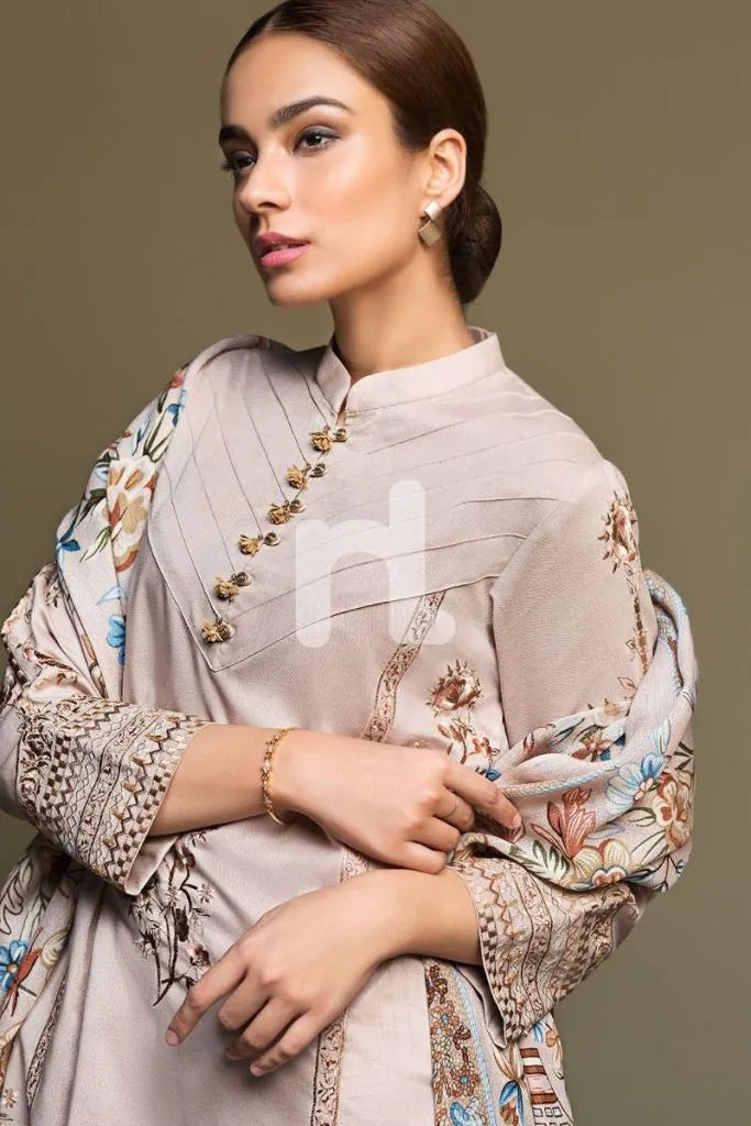 RP589-WINTER 3PC Dhannak Embroidered suit with Printed Shawll