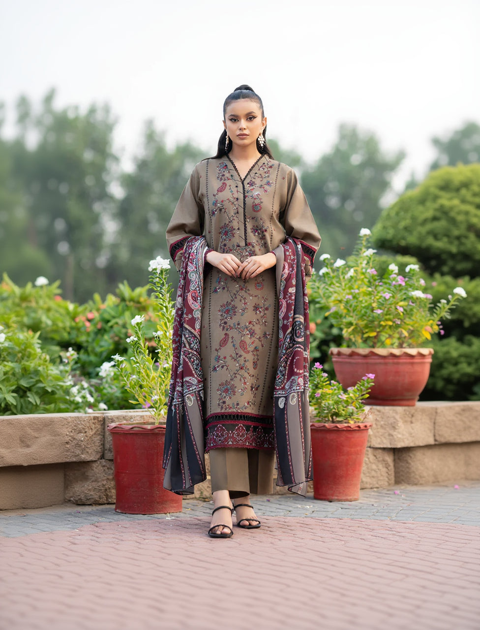 RP617-WINTER 3PC Dhannak Embroidered suit with Printed Shawll