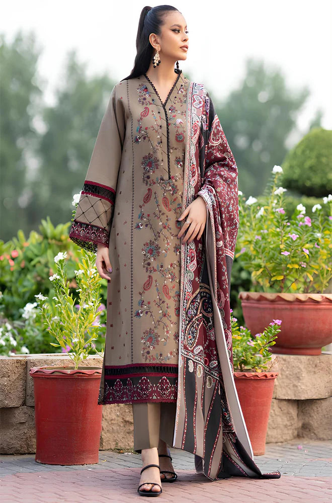 RP617-WINTER 3PC Dhannak Embroidered suit with Printed Shawll