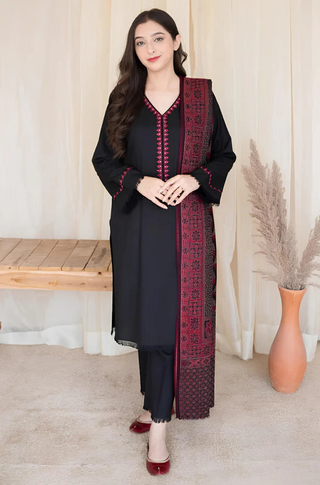 RP628-WINTER 3PC Dhannak Embroidered suit with Printed Shawll