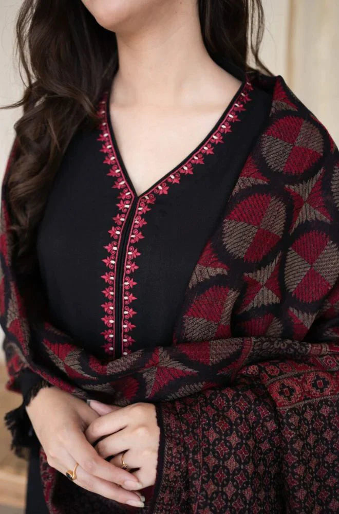 RP628-WINTER 3PC Dhannak Embroidered suit with Printed Shawll