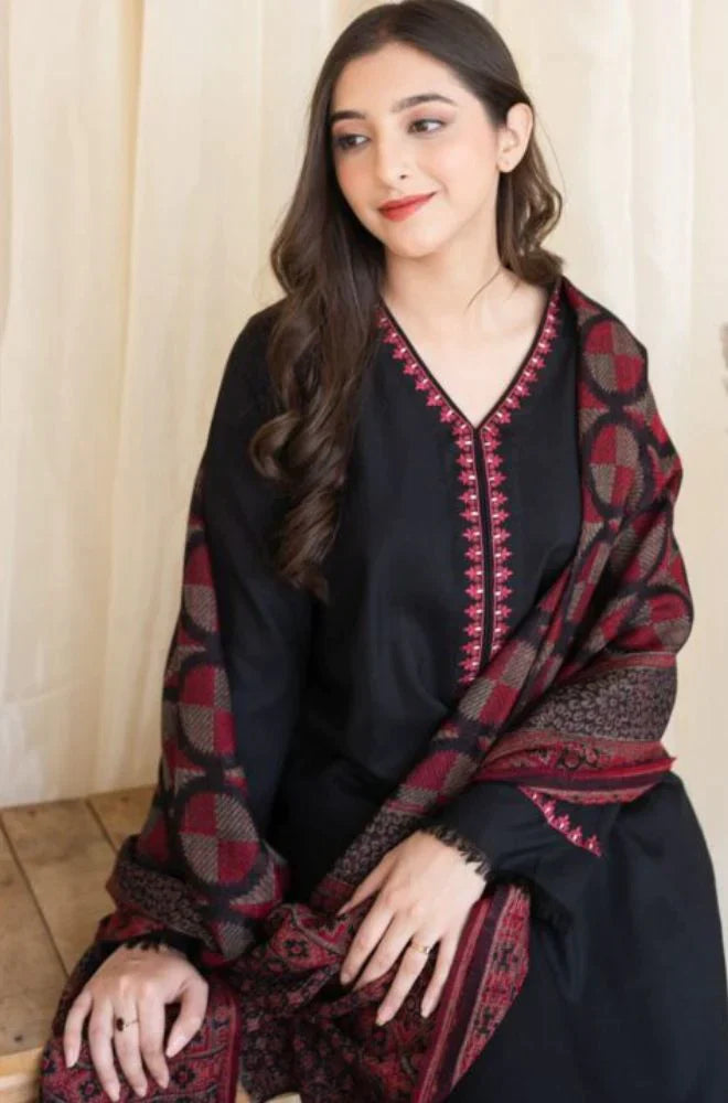 RP628-WINTER 3PC Dhannak Embroidered suit with Printed Shawll