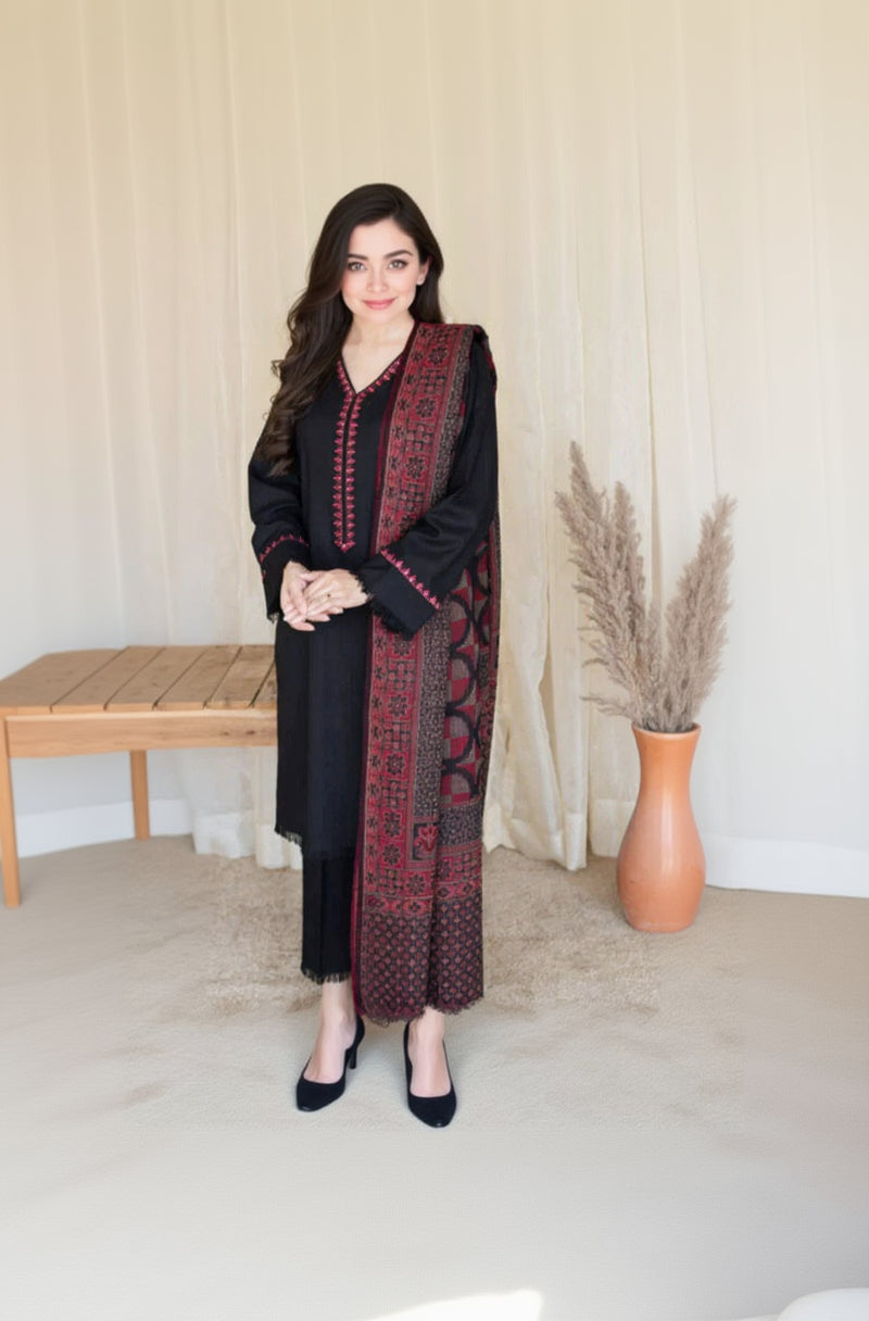 RP628-WINTER 3PC Dhannak Embroidered suit with Printed Shawll