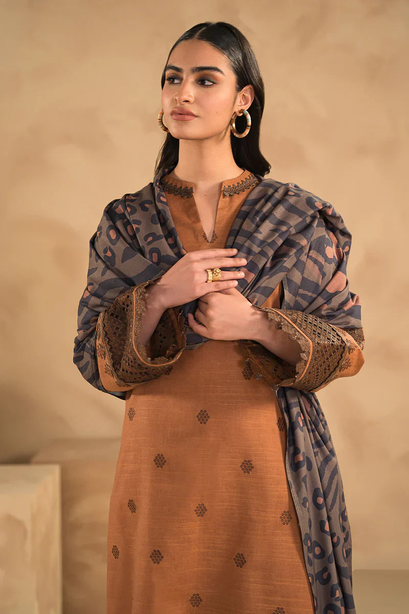 RP631-WINTER 3PC Dhannak Embroidered suit with Printed Shawll