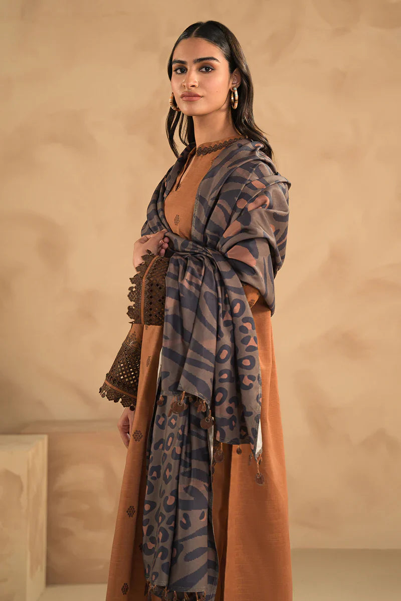 RP631-WINTER 3PC Dhannak Embroidered suit with Printed Shawll