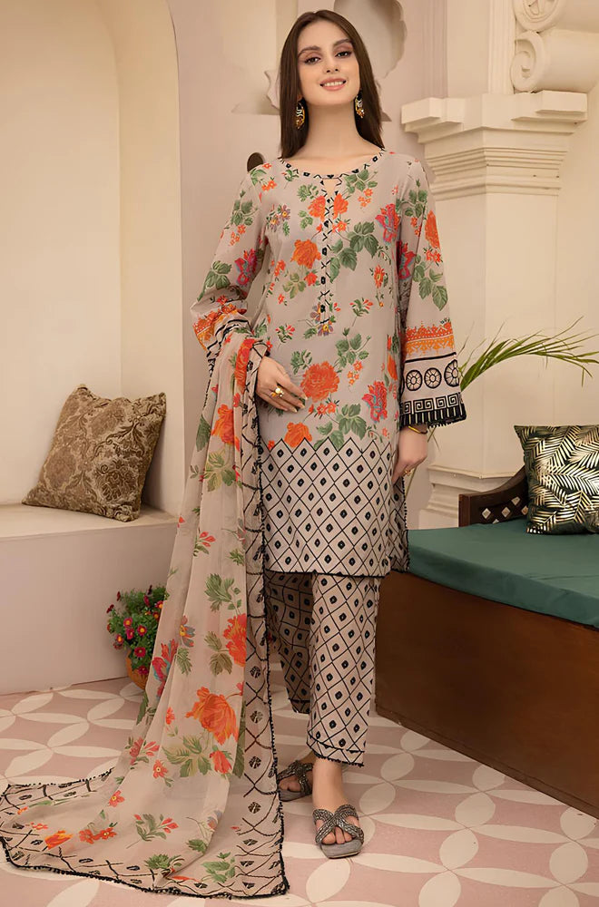 RP700-3PC Lawn Digital Printed Shirt With & Digital Printed Bamber Chiffon Dupatta