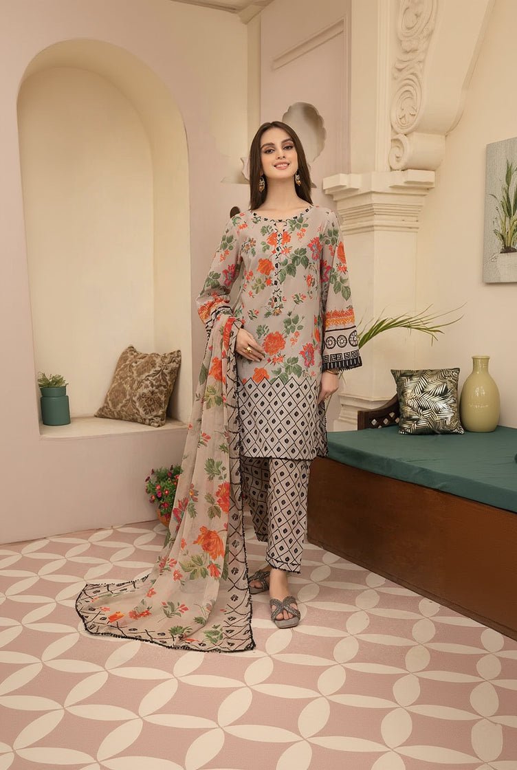 RP700-3PC Lawn Digital Printed Shirt With & Digital Printed Bamber Chiffon Dupatta