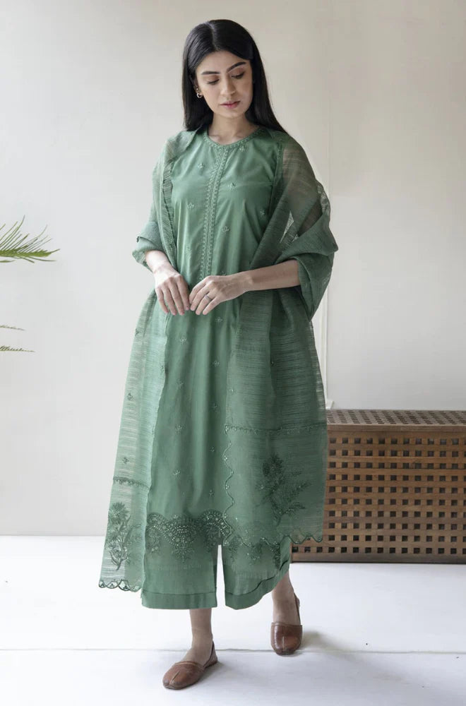 RP732-SUMMER 3PC Lawn Embroidered Shirt With Organza Embroidered Dupatta