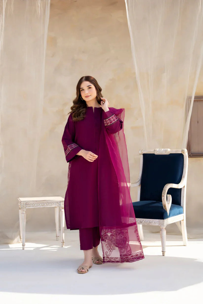 RP763-SUMMER 3PC Lawn Embroidered Shirt With Organza Embroidered Dupatta