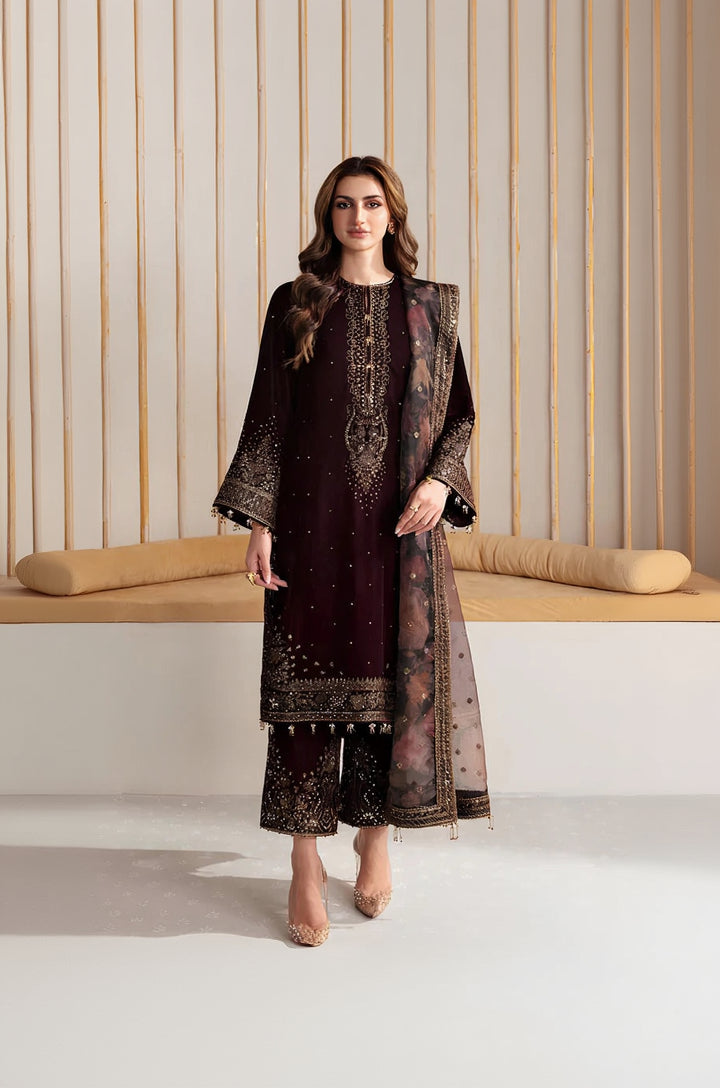 RP902-Winter Velvet Unstitched 3PCs Embroidered Dress With Organza Dupatta