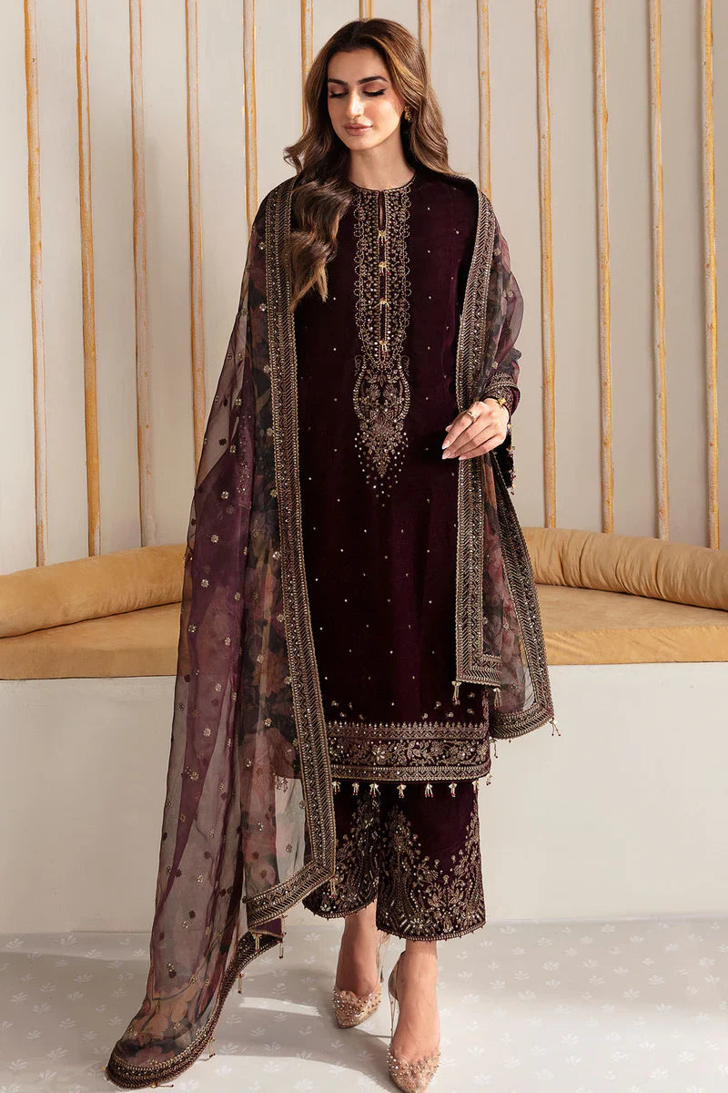 RP902-Winter Velvet Unstitched 3PCs Embroidered Dress With Organza Dupatta