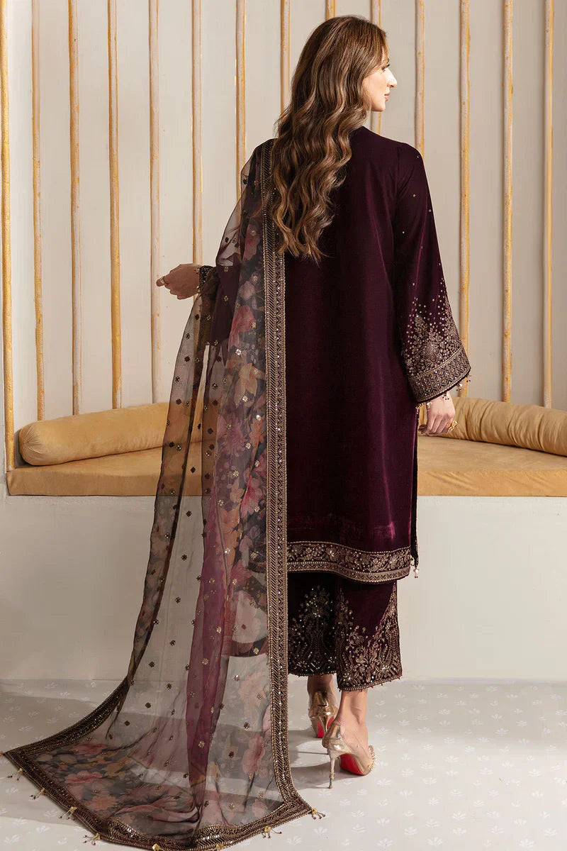 RP902-Winter Velvet Unstitched 3PCs Embroidered Dress With Organza Dupatta