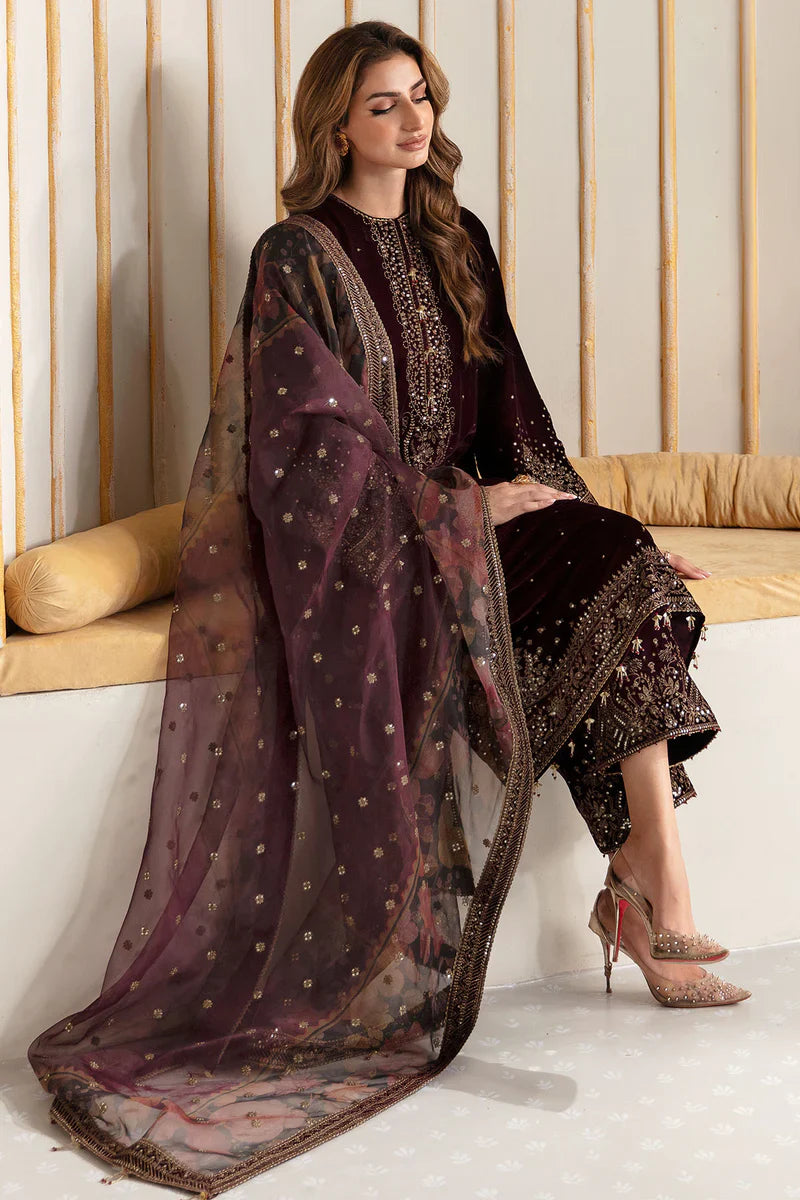 RP902-Winter Velvet Unstitched 3PCs Embroidered Dress With Organza Dupatta